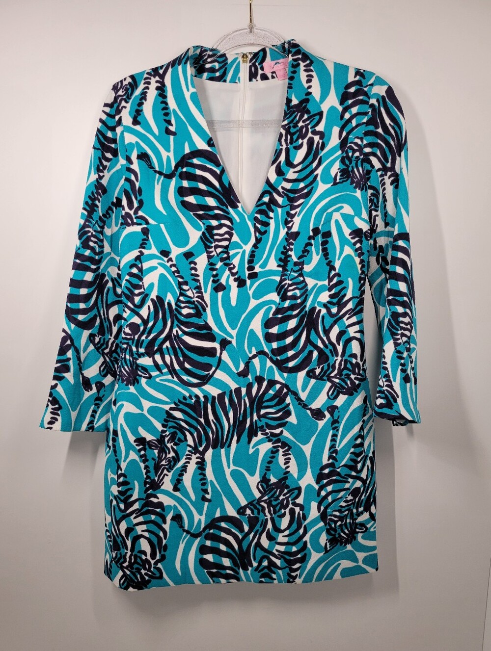 Lilly Pulitzer Devina Teal Zebra Vneck 3/4 Sleeve Lined Midi Dress Women Size 4